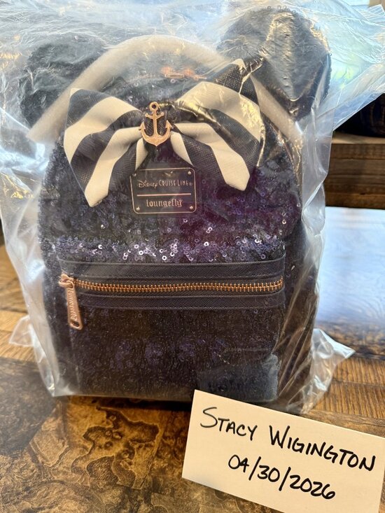 Loungefly Handbags - Disney Cruise Loungefly Mini Backpack Navy Sequin/Rose Gold w/Nautical Bow